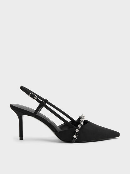 CHARLES & KEITH Signature | Faux Suede Crystal Slingback Pumps - Black Textured