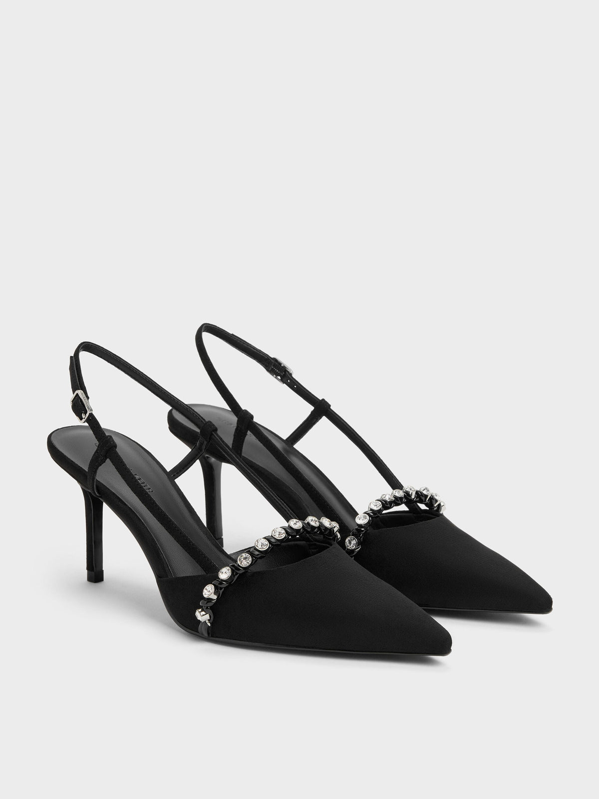 CHARLES & KEITH Signature | Faux Suede Crystal Slingback Pumps - Black Textured