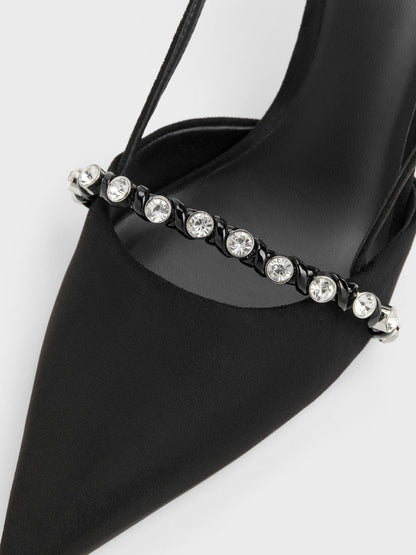 CHARLES & KEITH Signature | Faux Suede Crystal Slingback Pumps - Black Textured
