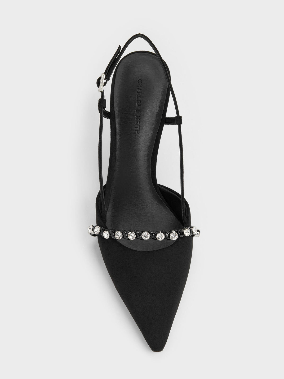 CHARLES & KEITH Signature | Faux Suede Crystal Slingback Pumps - Black Textured