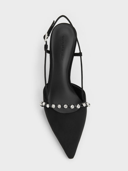 CHARLES & KEITH Signature | Faux Suede Crystal Slingback Pumps - Black Textured