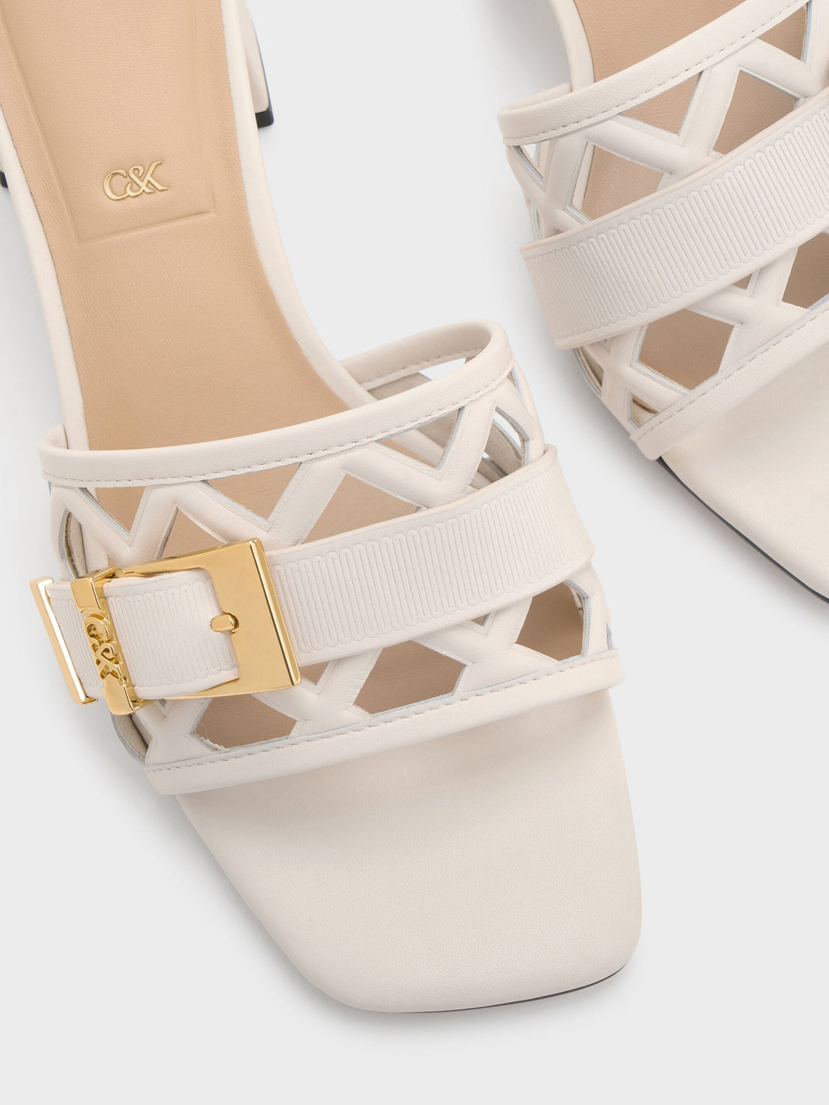 CHARLES & KEITH Great Value | Whitney Leather Cut-Out Heeled Mules - Chalk