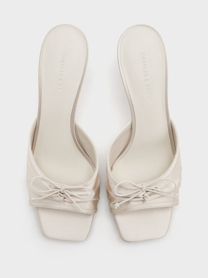 CHARLES & KEITH Recommended | Sadira Satin Ruched Bow Heeled Mules - Chalk