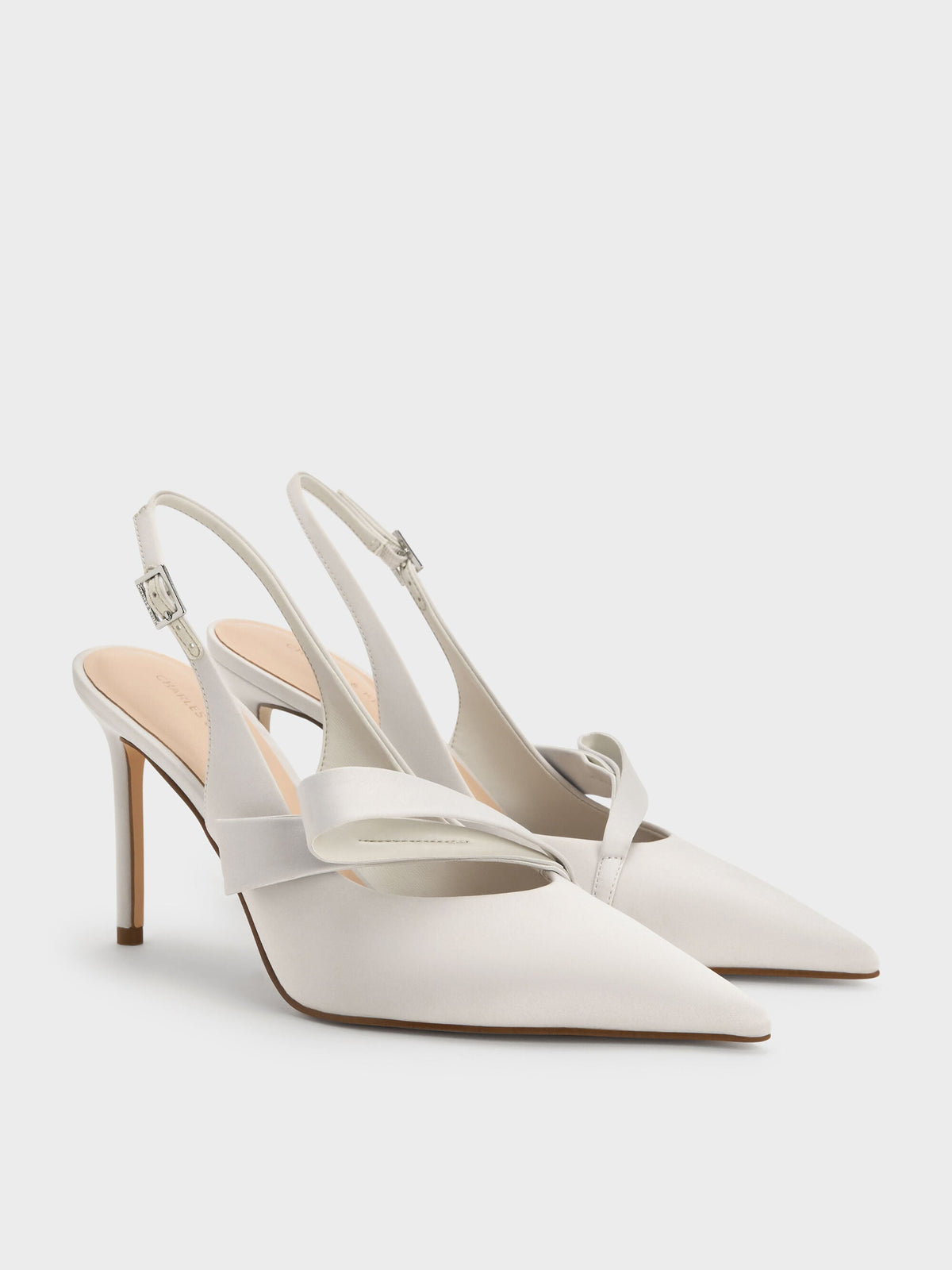 CHARLES & KEITH Signature | Satin Pleated-Strap Slingback Pumps - Light Grey