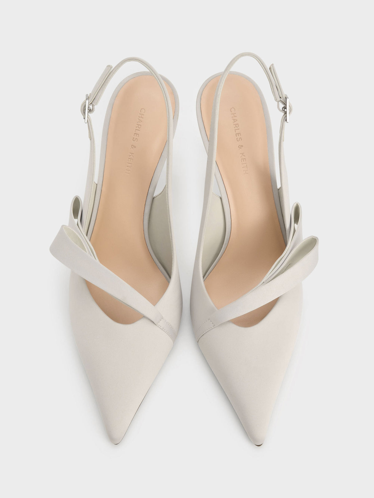 CHARLES & KEITH Signature | Satin Pleated-Strap Slingback Pumps - Light Grey