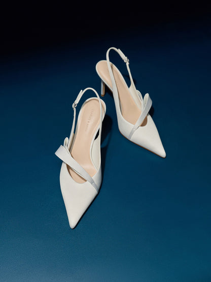 CHARLES & KEITH Signature | Satin Pleated-Strap Slingback Pumps - Light Grey