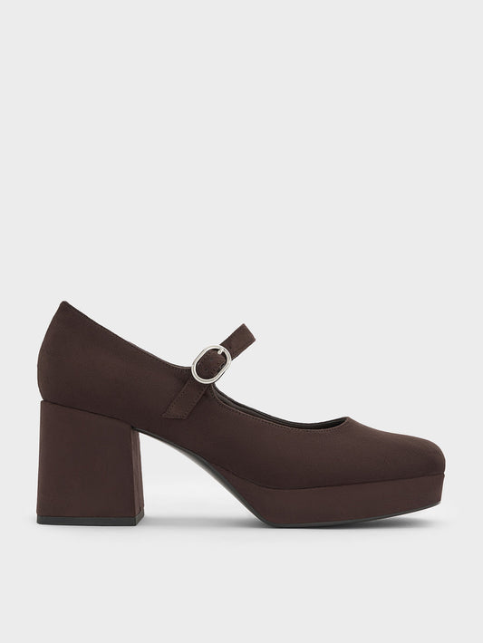 CHARLES & KEITH Great Value | Faux Suede Platform Mary Jane Pumps - Dark Brown Textured