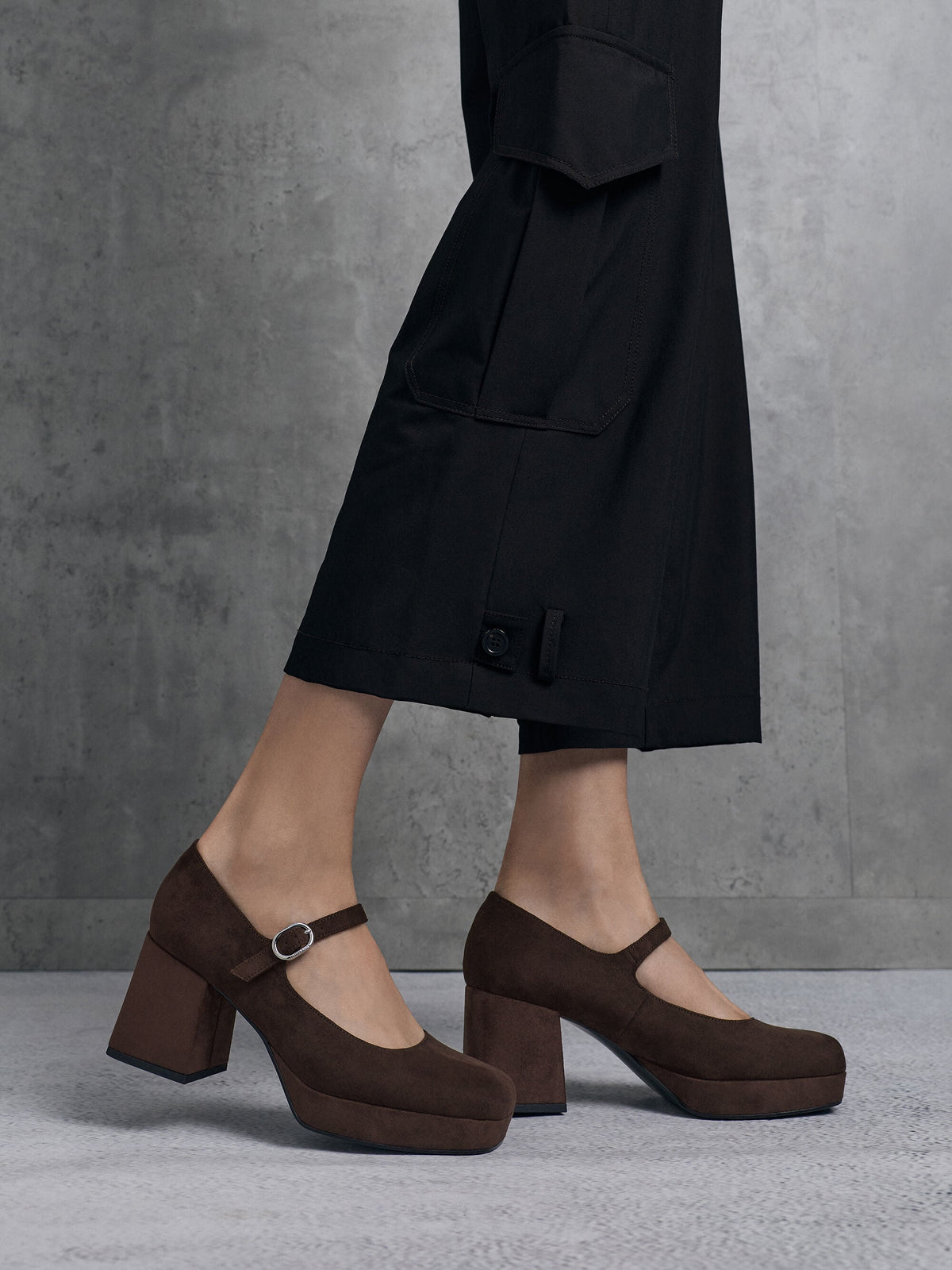 CHARLES & KEITH Great Value | Faux Suede Platform Mary Jane Pumps - Dark Brown Textured