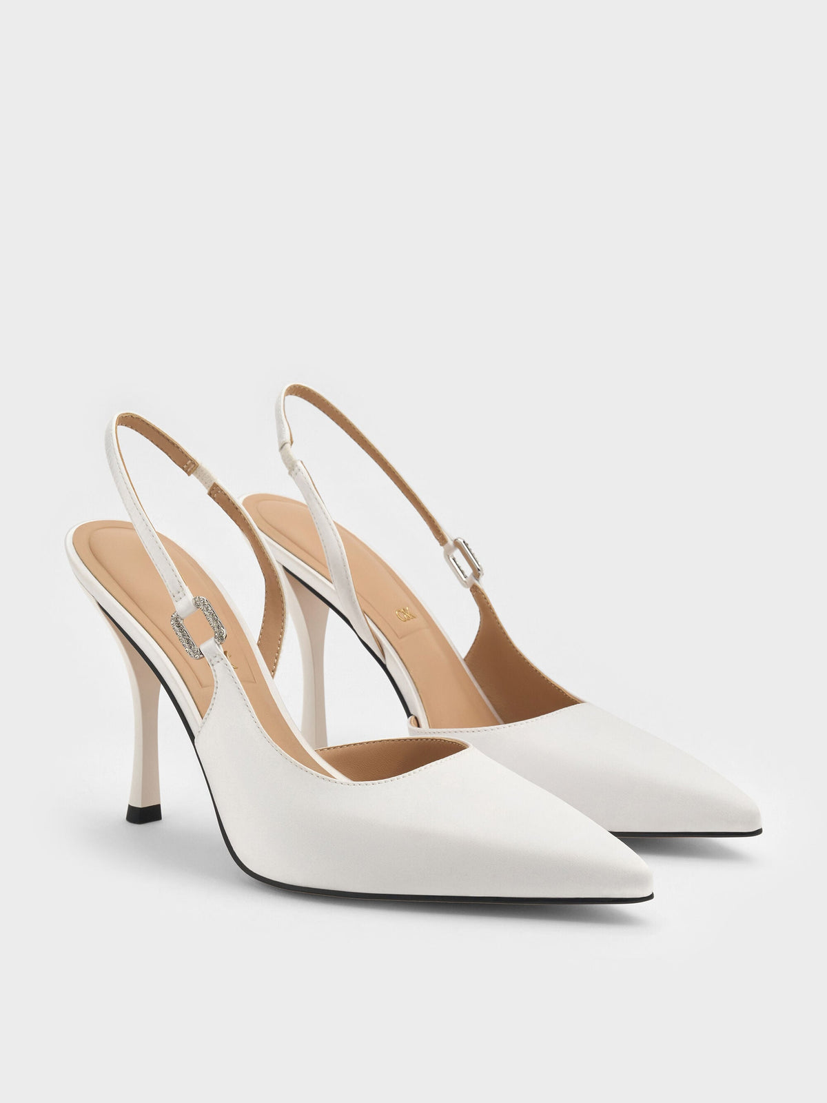 CHARLES & KEITH Hot Sale | Crystal-Buckle Slingback Pumps - White