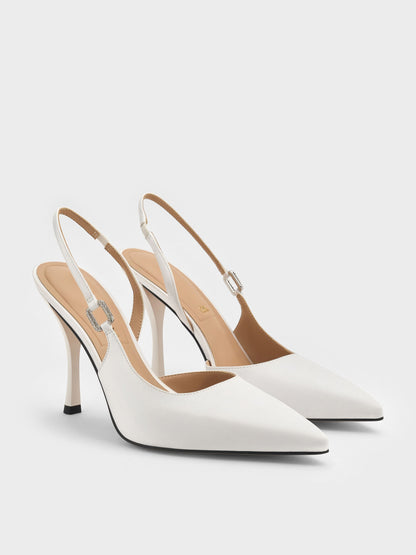 CHARLES & KEITH Hot Sale | Crystal-Buckle Slingback Pumps - White