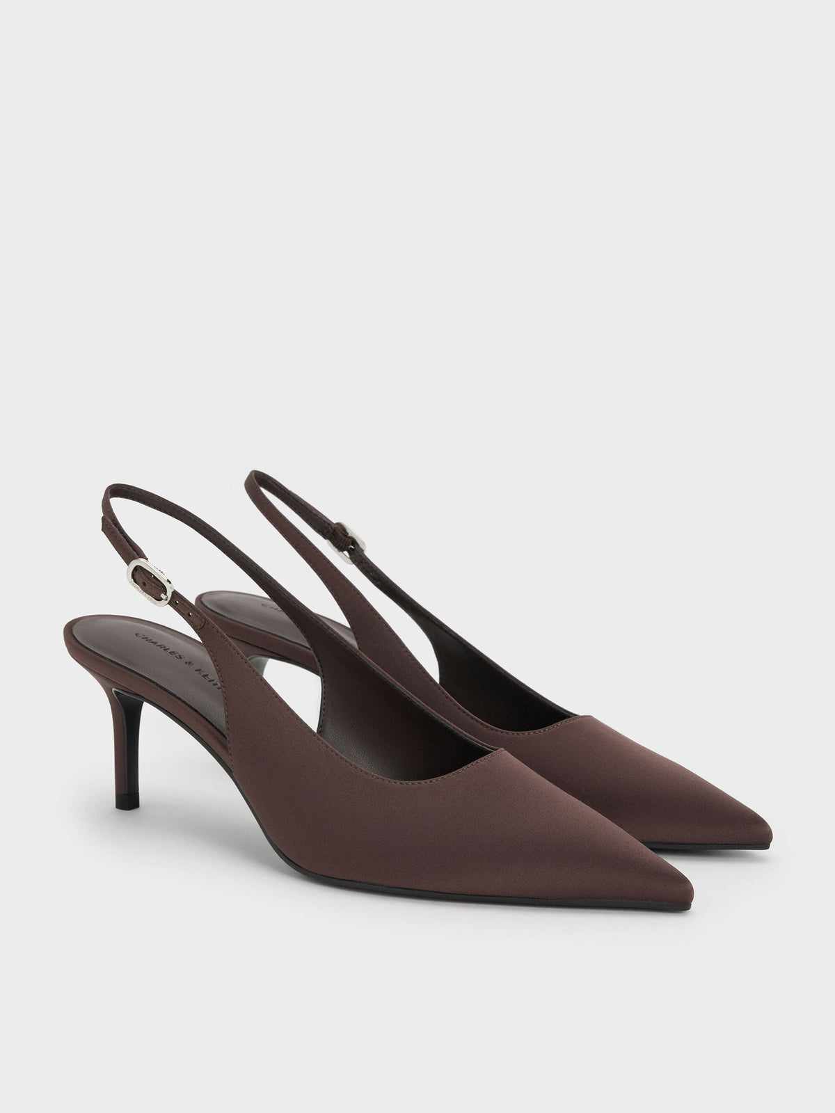 CHARLES & KEITH Top Pick | Kaia Satin Slingback Pumps - Dark Brown Textured