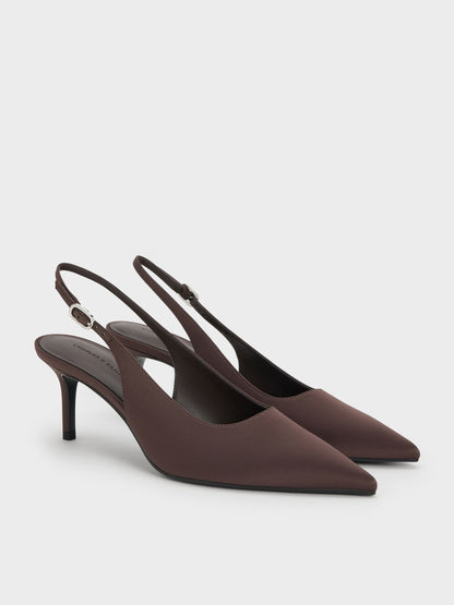 CHARLES & KEITH Top Pick | Kaia Satin Slingback Pumps - Dark Brown Textured