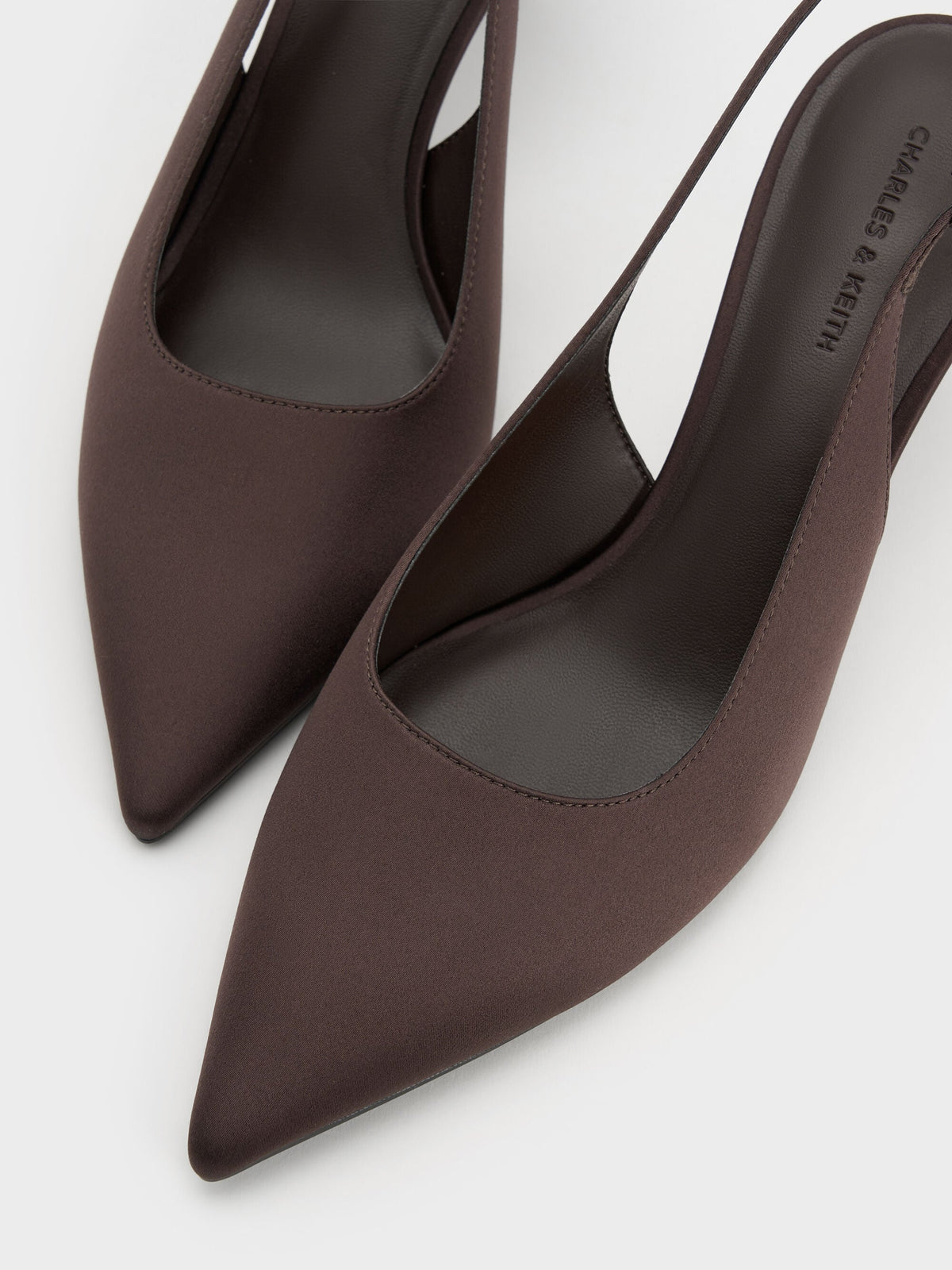 CHARLES & KEITH Top Pick | Kaia Satin Slingback Pumps - Dark Brown Textured