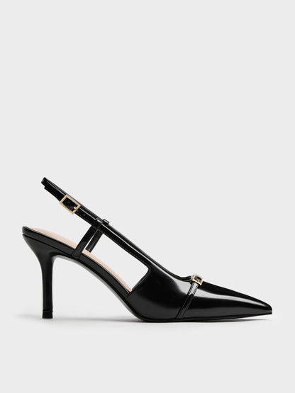 CHARLES & KEITH Best Seller | Metallic-Bar Pointed Slingback Pumps - Black Box