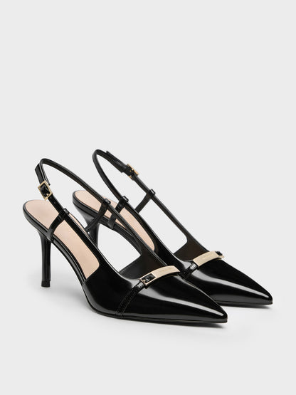 CHARLES & KEITH Best Seller | Metallic-Bar Pointed Slingback Pumps - Black Box