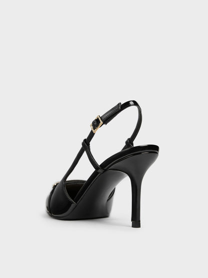 CHARLES & KEITH Best Seller | Metallic-Bar Pointed Slingback Pumps - Black Box
