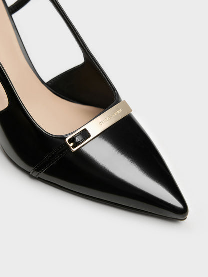 CHARLES & KEITH Best Seller | Metallic-Bar Pointed Slingback Pumps - Black Box