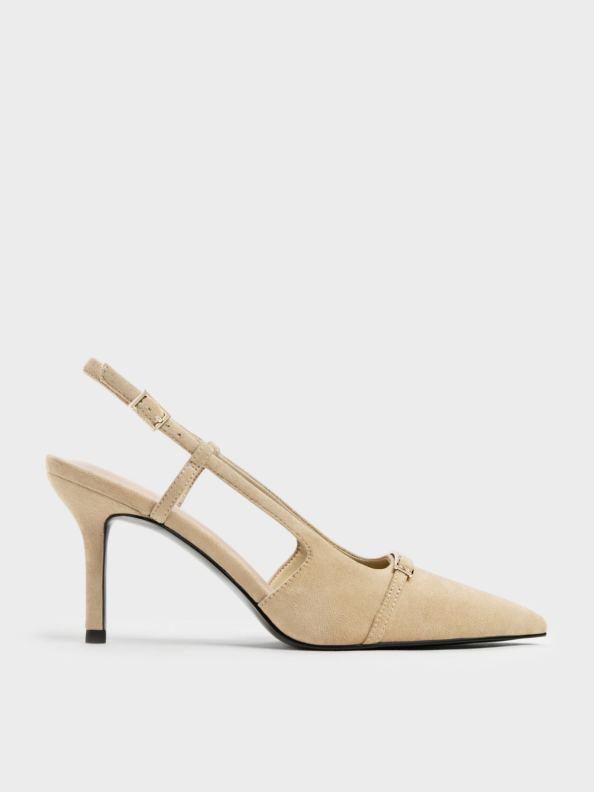 CHARLES & KEITH Deals | Faux Suede Metallic-Bar Pointed Slingback Pumps - Beige