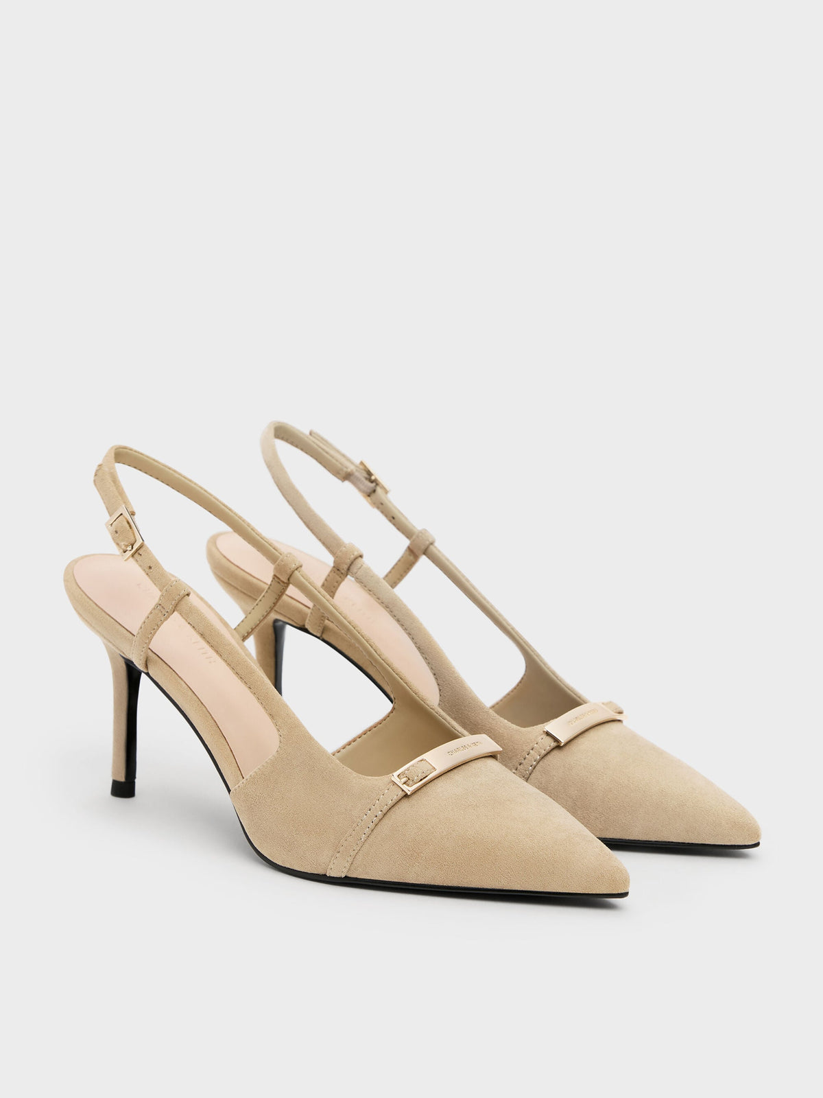 CHARLES & KEITH Deals | Faux Suede Metallic-Bar Pointed Slingback Pumps - Beige