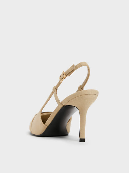 CHARLES & KEITH Deals | Faux Suede Metallic-Bar Pointed Slingback Pumps - Beige