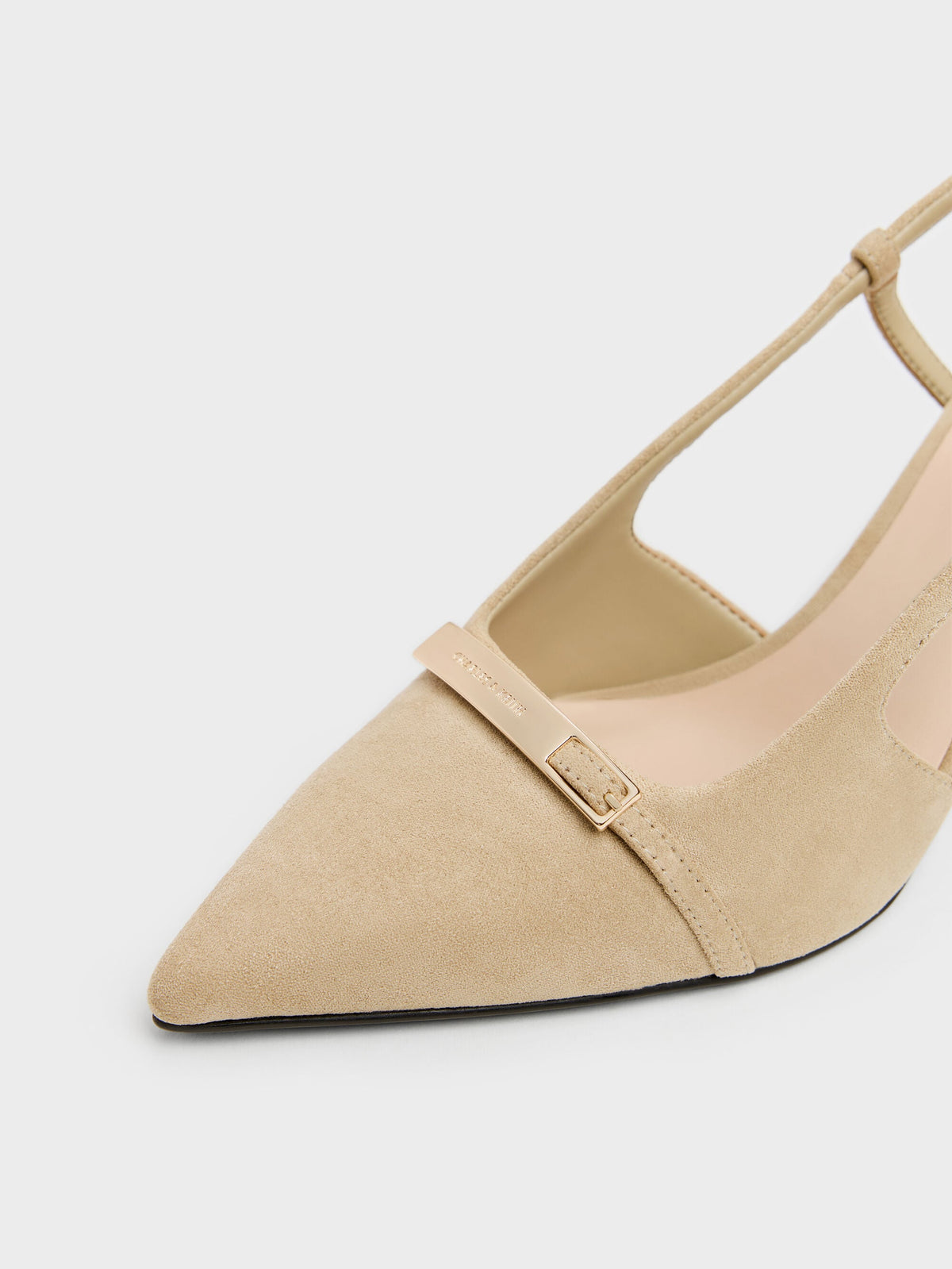CHARLES & KEITH Deals | Faux Suede Metallic-Bar Pointed Slingback Pumps - Beige