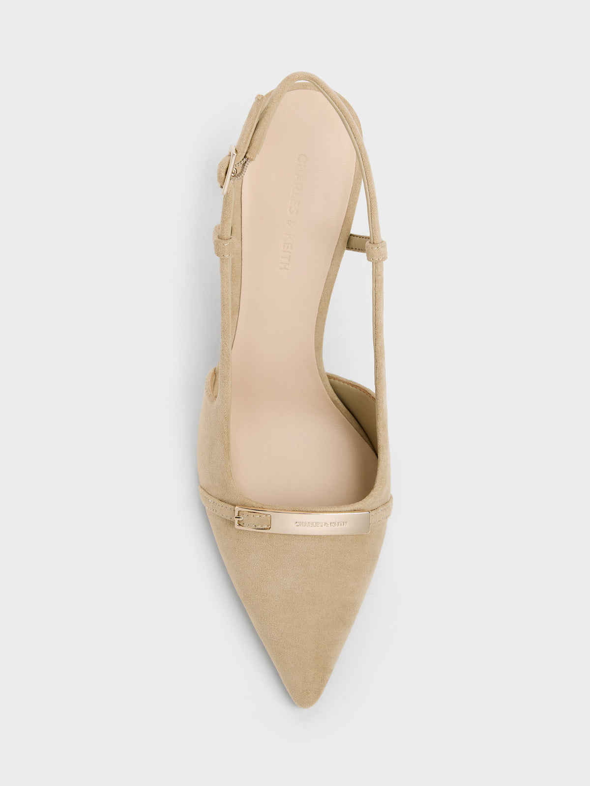 CHARLES & KEITH Deals | Faux Suede Metallic-Bar Pointed Slingback Pumps - Beige