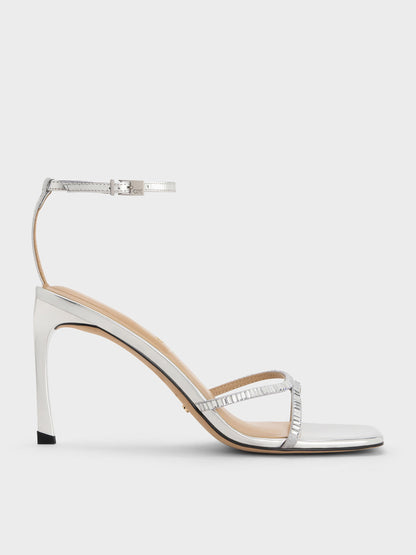 CHARLES & KEITH Best Seller | Jaylene Metallic Leather Gem Stiletto Sandals - Silver