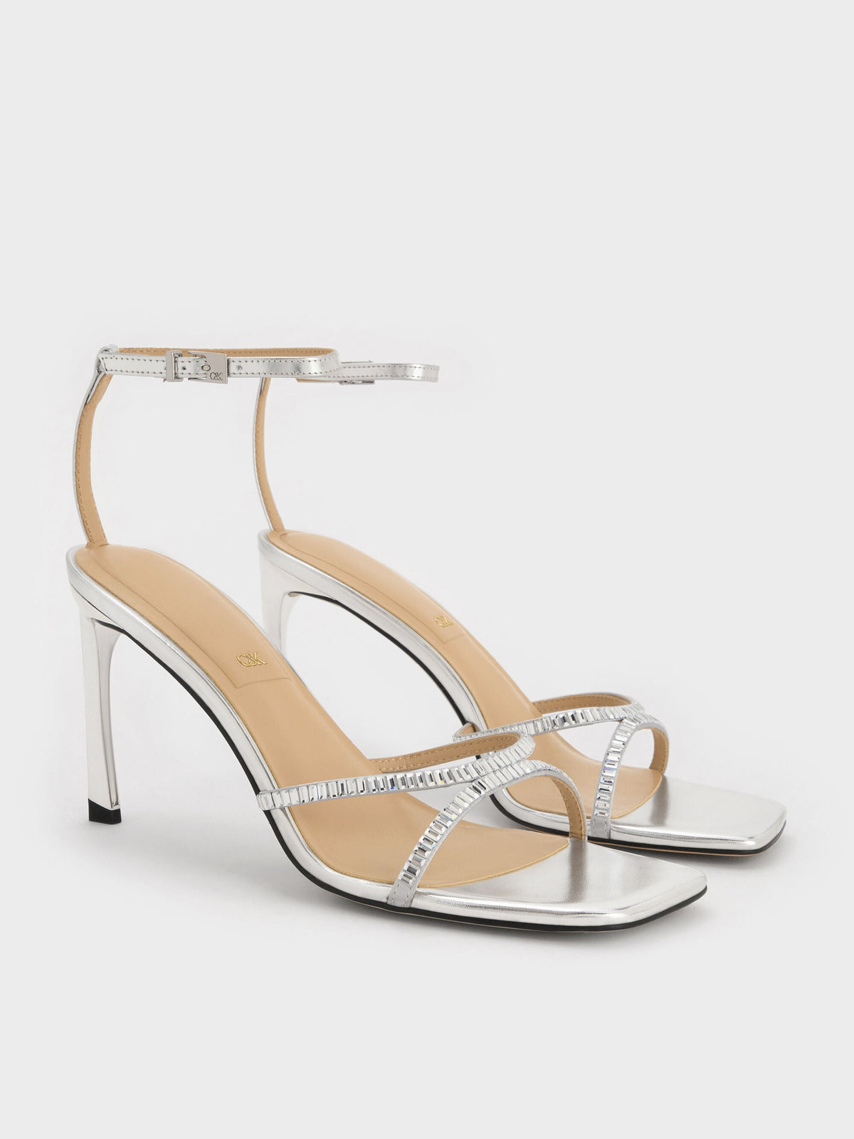 CHARLES & KEITH Best Seller | Jaylene Metallic Leather Gem Stiletto Sandals - Silver