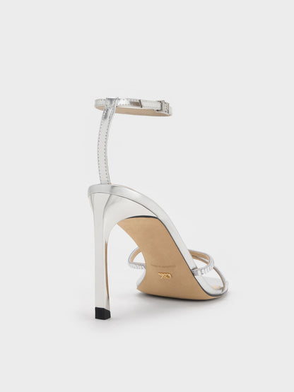 CHARLES & KEITH Best Seller | Jaylene Metallic Leather Gem Stiletto Sandals - Silver