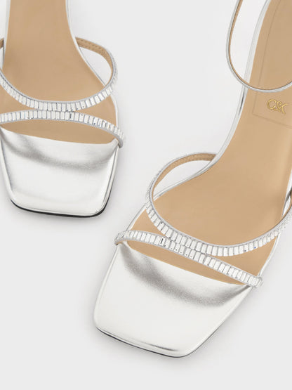 CHARLES & KEITH Best Seller | Jaylene Metallic Leather Gem Stiletto Sandals - Silver