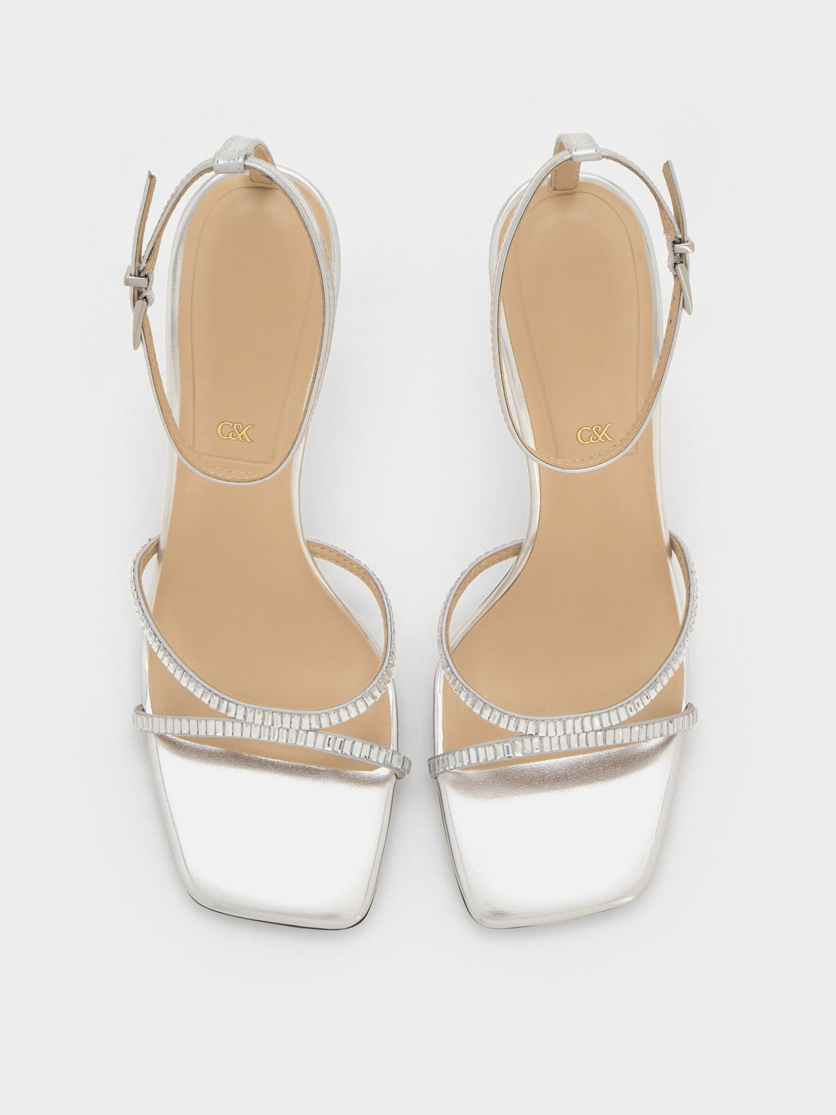 CHARLES & KEITH Best Seller | Jaylene Metallic Leather Gem Stiletto Sandals - Silver