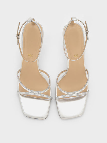 CHARLES & KEITH Best Seller | Jaylene Metallic Leather Gem Stiletto Sandals - Silver