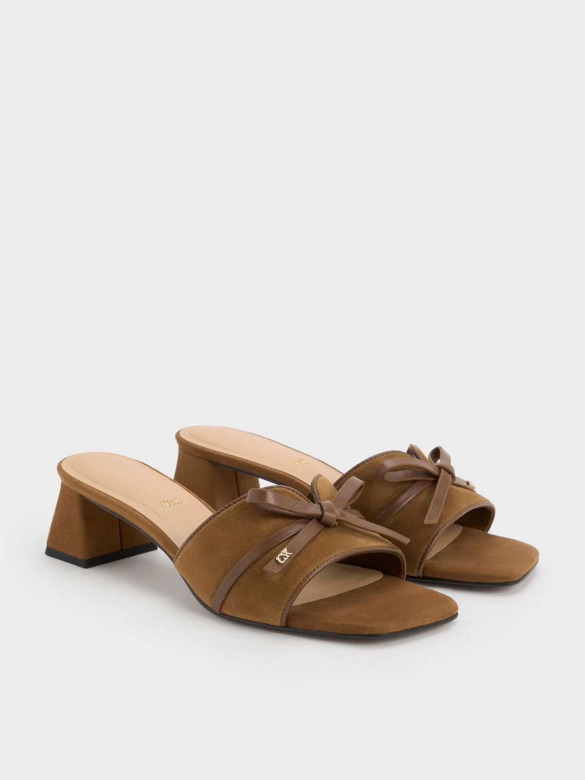 CHARLES & KEITH Premium | Leather & Suede Bow Heeled Mules - Brown