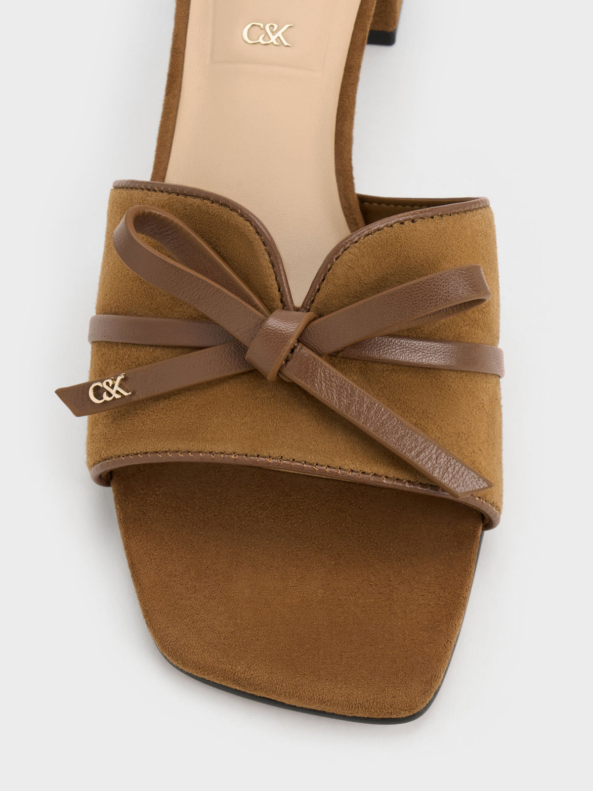 CHARLES & KEITH Premium | Leather & Suede Bow Heeled Mules - Brown