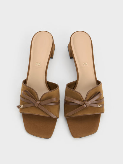 CHARLES & KEITH Premium | Leather & Suede Bow Heeled Mules - Brown