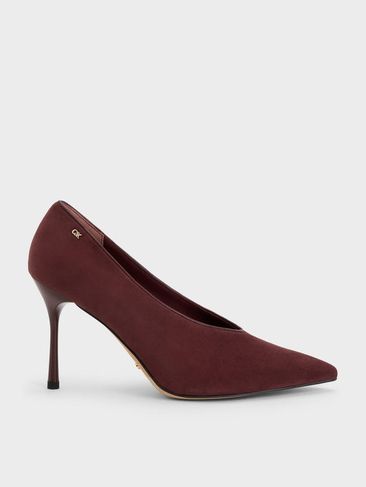 CHARLES & KEITH Hot Sale | Leather & Suede Pointed Pumps - Burgundy