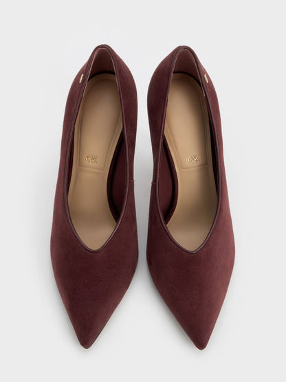 CHARLES & KEITH Hot Sale | Leather & Suede Pointed Pumps - Burgundy