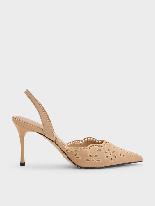CHARLES & KEITH New | Leather Embroidered Pointed Slingback Pumps - Beige