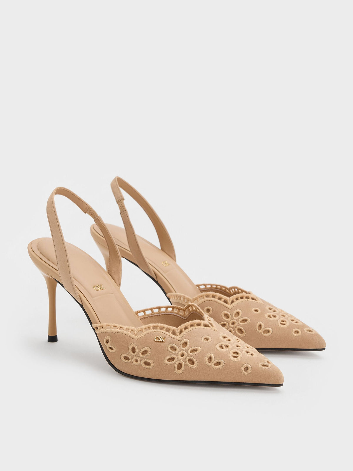 CHARLES & KEITH New | Leather Embroidered Pointed Slingback Pumps - Beige