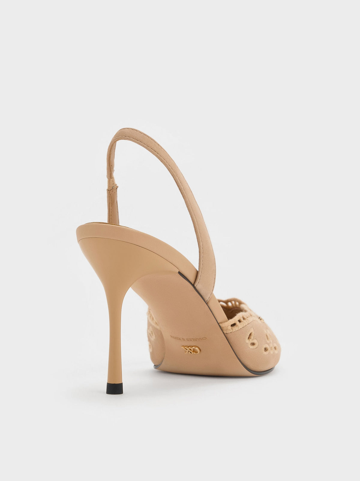CHARLES & KEITH New | Leather Embroidered Pointed Slingback Pumps - Beige