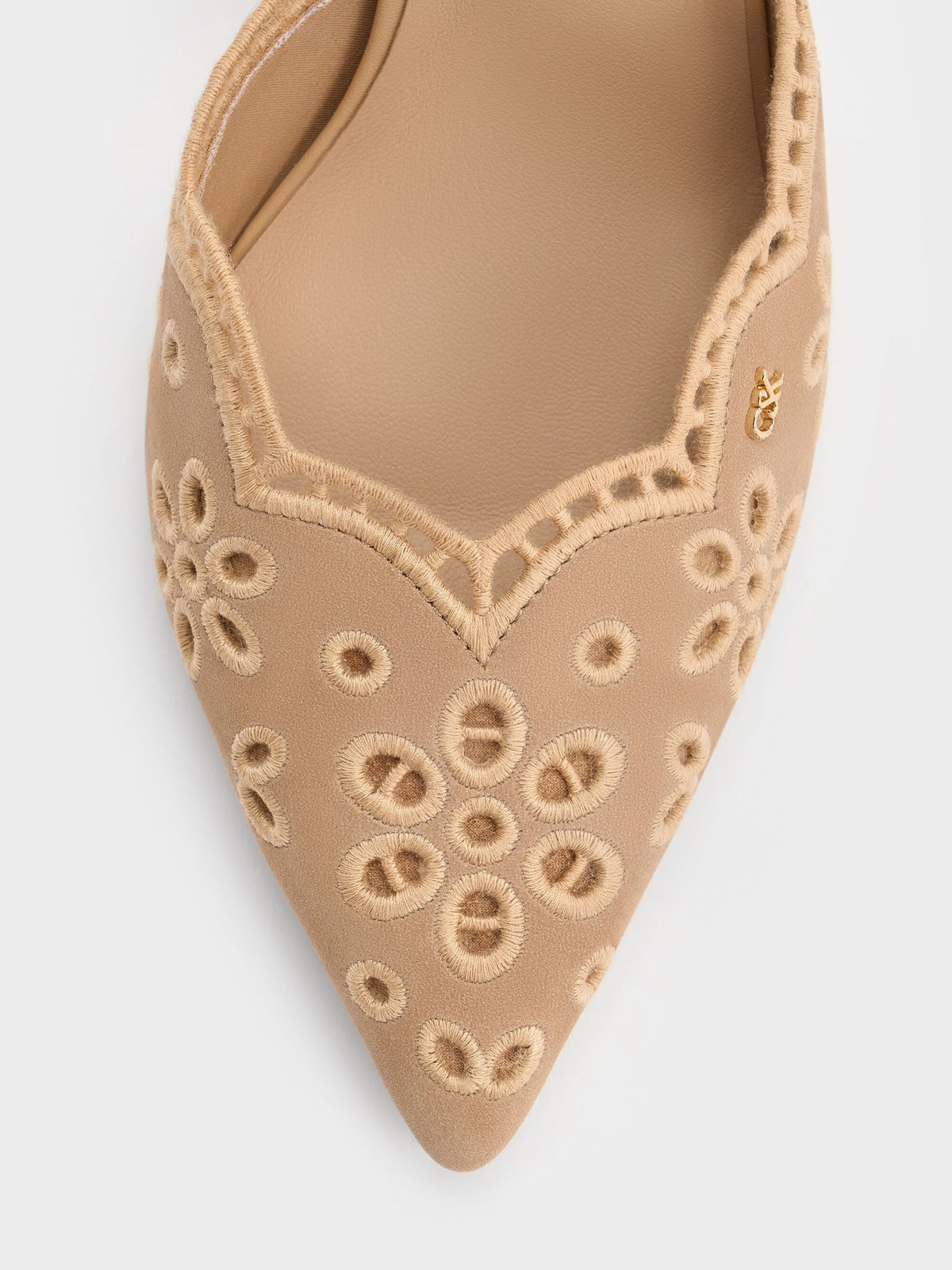 CHARLES & KEITH New | Leather Embroidered Pointed Slingback Pumps - Beige