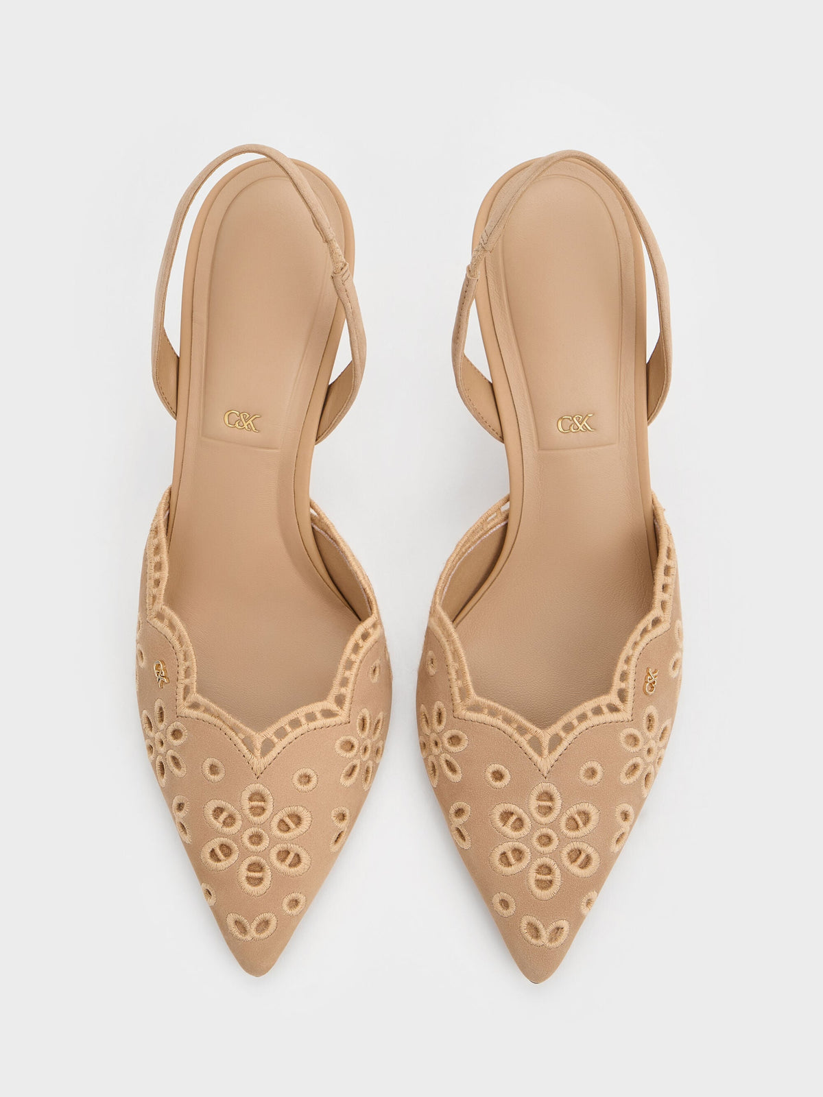 CHARLES & KEITH New | Leather Embroidered Pointed Slingback Pumps - Beige