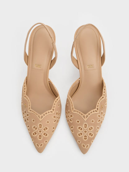 CHARLES & KEITH New | Leather Embroidered Pointed Slingback Pumps - Beige