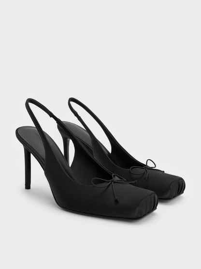 CHARLES & KEITH Great Value | Satin Ruched Stiletto Slingback Pumps - Black Textured