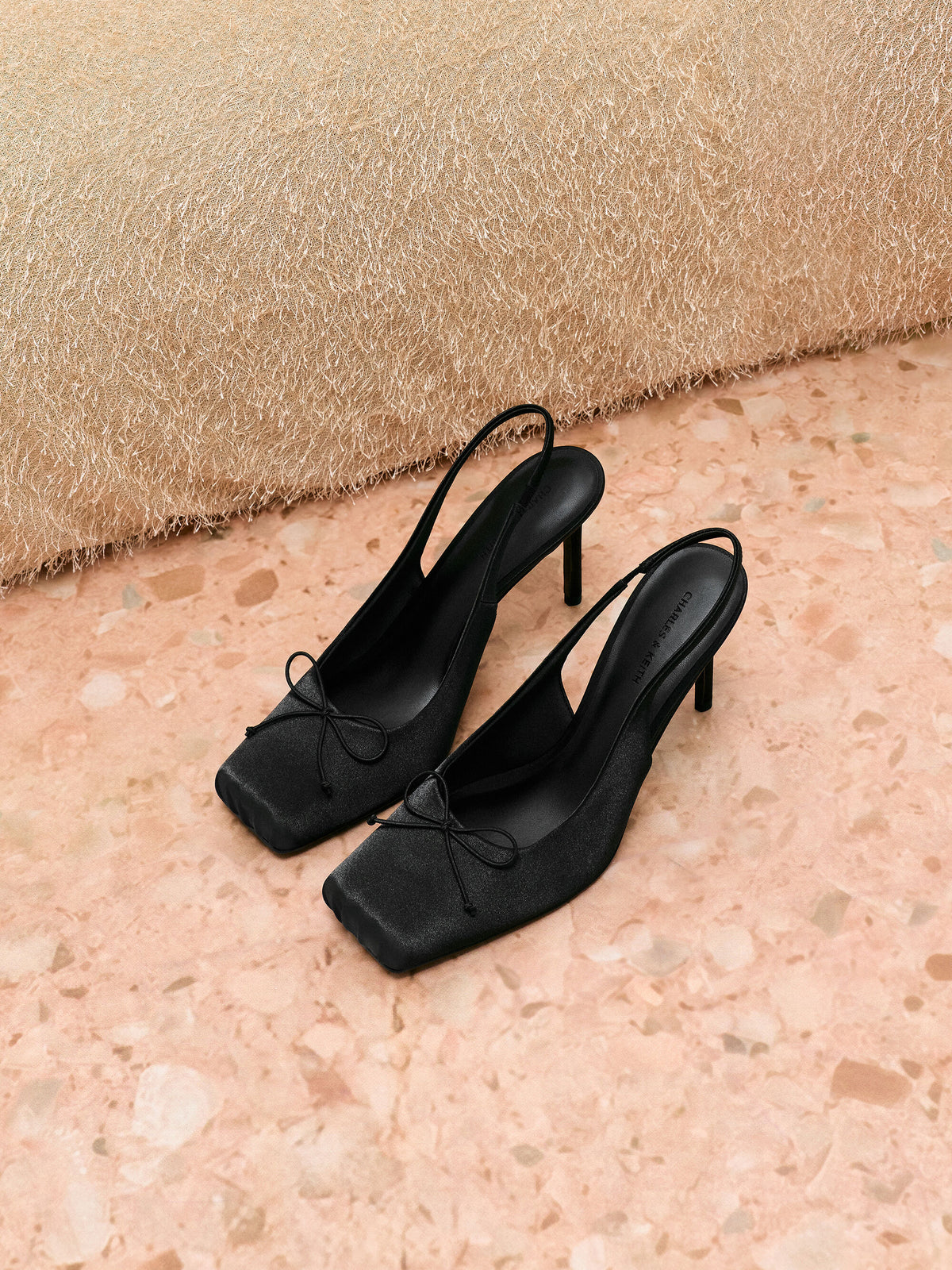 CHARLES & KEITH Great Value | Satin Ruched Stiletto Slingback Pumps - Black Textured