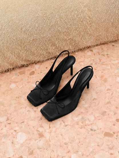 CHARLES & KEITH Great Value | Satin Ruched Stiletto Slingback Pumps - Black Textured