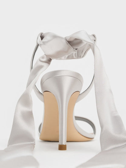 CHARLES & KEITH Quality | Eliana Satin Tie-Around Heeled Sandals - Silver