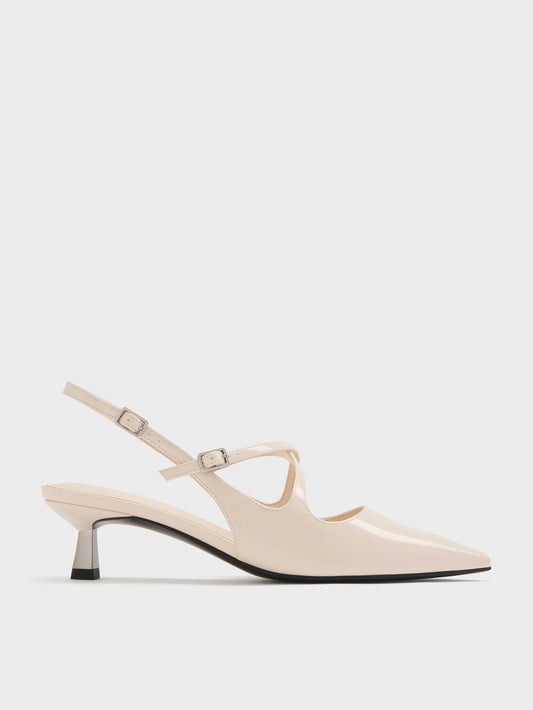 CHARLES & KEITH Smart Buy | Pauline Patent Crossover Kitten Heels - Chalk