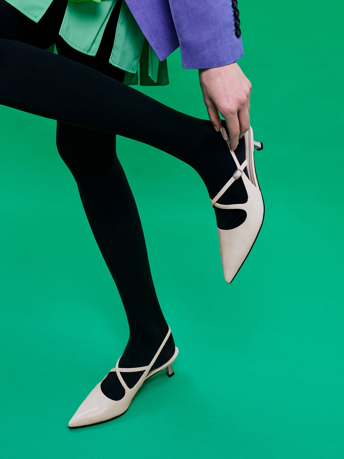 CHARLES & KEITH Smart Buy | Pauline Patent Crossover Kitten Heels - Chalk