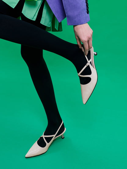 CHARLES & KEITH Smart Buy | Pauline Patent Crossover Kitten Heels - Chalk
